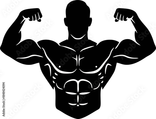 Bodybuilder Flexing Negative Space Silhouette. Fitness Gym Logo Vector with Muscle Details
