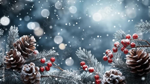 Wallpaper Mural Winter Holiday Background with Snowy Pine Cones and Red Berries Torontodigital.ca