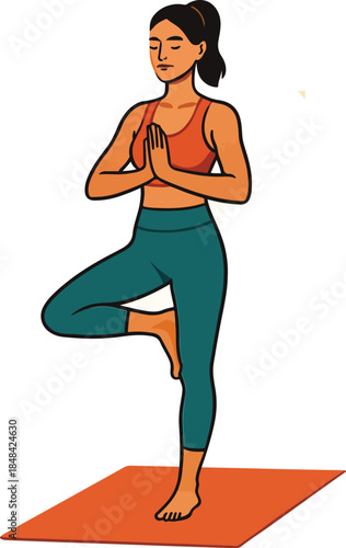 Yoga Woman Practicing Tree Pose on Mat Isolated Illustration