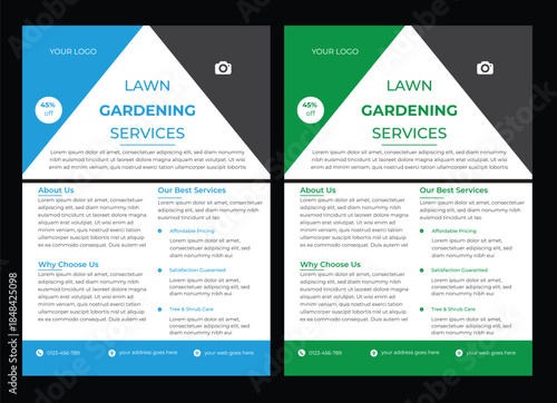 Lawn and gardening service flyer design template. Tree and gardening service poster leaflet design. lawnmower flyer template. lawn service and gardening flyer design template.
