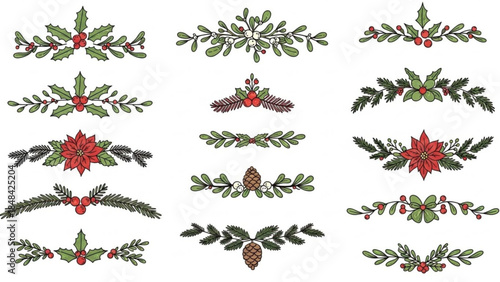 Christmas decorative borders with holly, mistletoe, and poinsettia flowers, various green leaves and red berries on white