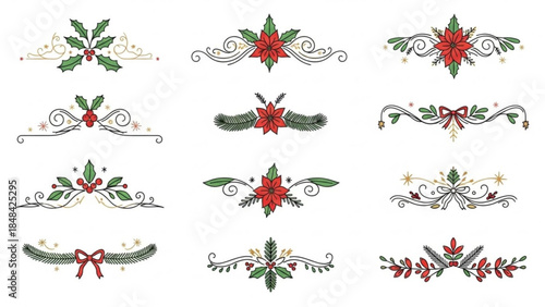 Christmas floral borders with holly, poinsettias, ribbons and bows, elegant vector graphics for holiday designs and decorations
