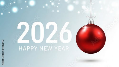 A large red christmas ornament hanging from a white string on a gradient blue background with white snowflakes and the text 2026