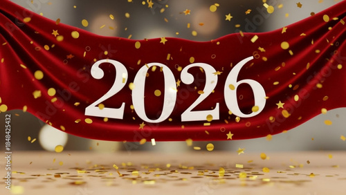 A red velvet curtain with gold confetti and stars displays the year 2026 in large white numbers for a festive celebration
