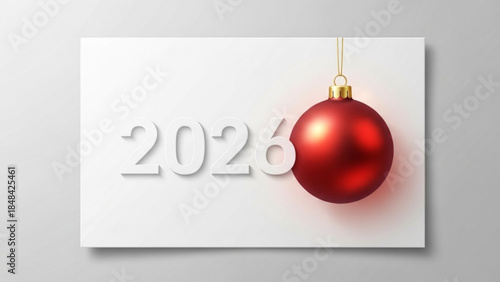 A shiny red christmas ornament hangs beside the year 2026 on a white card