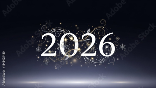 2026 new year celebration background with white snowflakes and swirling designs on dark