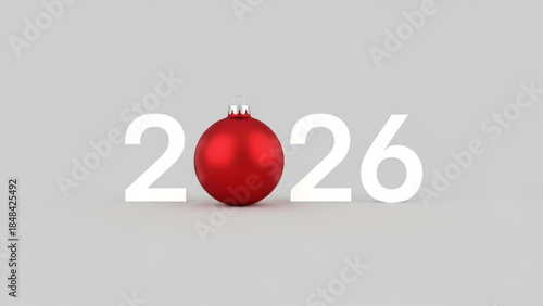 New year's eve celebration with a red christmas ornament replacing the zero in the year 2026 on a gray background