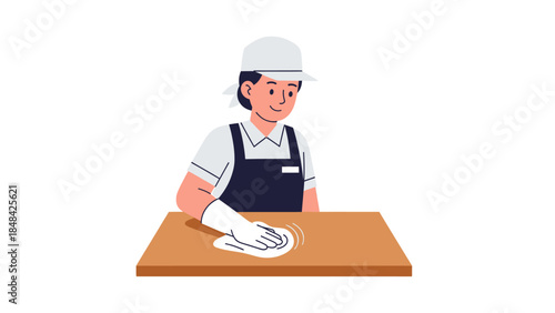 Waiter in white hat and apron.