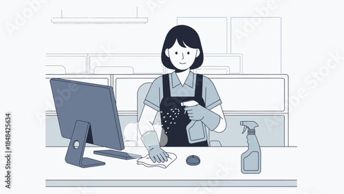 Woman wearing an apron at desk.