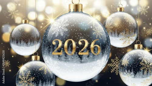 New year 2026 celebration with transparent glass ornaments and snowflakes on dark background with bokeh lights