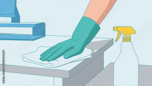 Person wearing green rubber glove cleaning.