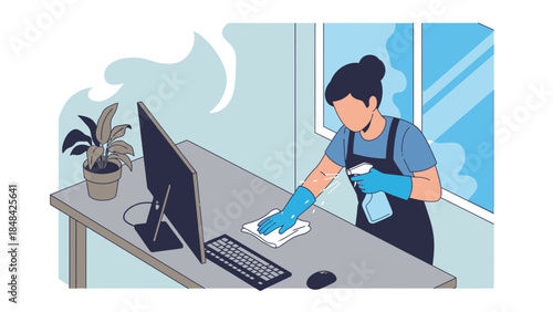 Woman cleaning computer desk surface.