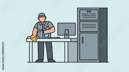 Man wearing overalls at a desk.