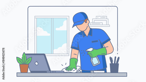 Man wearing green gloves cleaning desk.