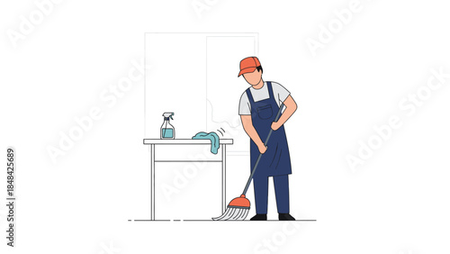 Man wearing overalls cleaning with mop.