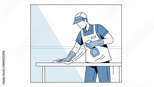 Man wearing protective cleaning equipment.