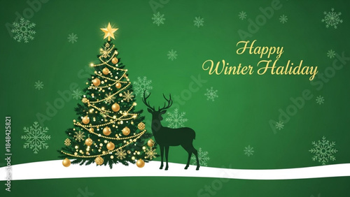 A silhouette of a deer stands beside a decorated christmas tree on a snowy hill with snowflakes falling around, winter holiday