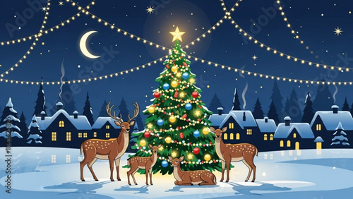 Christmas tree with reindeer in snowy village at night with string lights and crescent moon