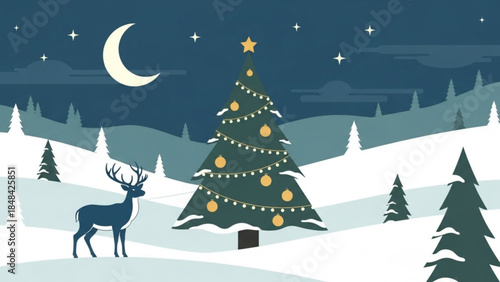 A serene winter landscape with a decorated christmas tree, a reindeer, and a crescent moon in the night sky with snow covered