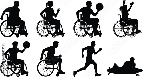 Black Silhouettes of People in Wheelchairs and a Surfer on White Background person woman