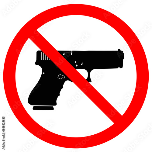 Prohibition of firearms symbol with a red circle and a diagonal line over a pistol silhouette, indicating no guns allowed