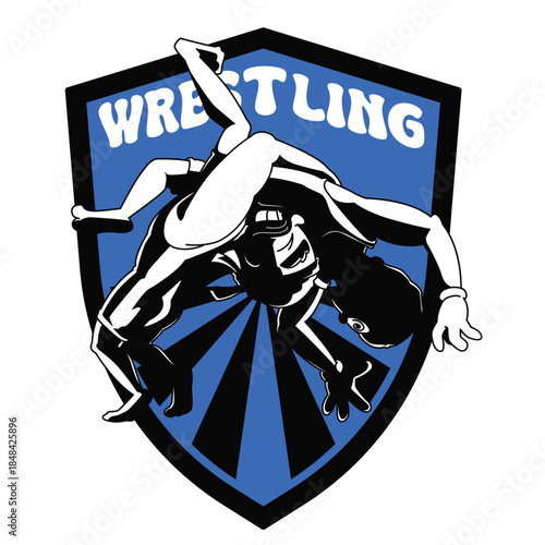 Cartoon Style Intense Wrestling Match with Two Wrestlers on Blue Shield Vector Illustration