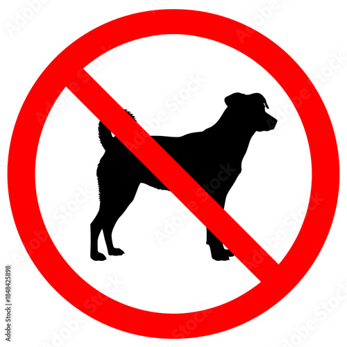 Clearly visible warning sign indicating an area where dogs are strictly prohibited, often utilized in public spaces, food establishments, or restricted zones to maintain hygiene and safety standards