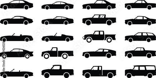 Assortment of Black Silhouette Car Icons in Different Styles Keywords: car, automobile, vehicle, silhouette, icon, set