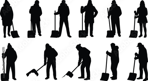 Collection of Black Silhouettes of People Shoveling Snow in Various Poses Keywords: snow, shoveling, snow removal, winter, work