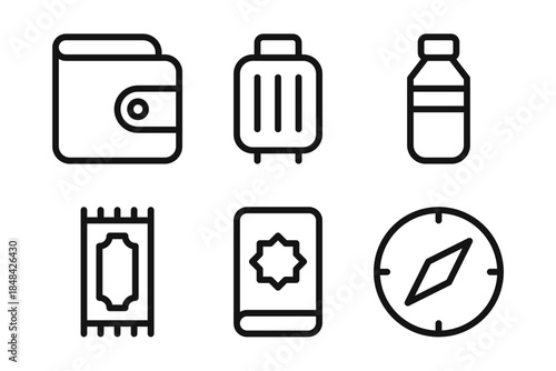 Muslim Travel Essentials Linear Icon Set - Editable Stroke : Suitable for Use in Apps, Digital Content, and Printed Materials Related to Islamic Lifestyle, Prayer Activities, and Travel Themes