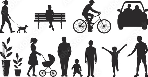 Human Silhouettes Walking Dog Sitting Cycling Driving Stroller and Standing on White people woman