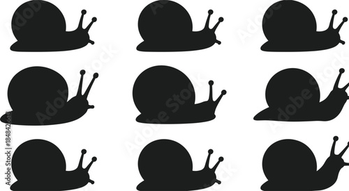 Nine Black Silhouette Snail Icons with Antennae on White Background animal mollusk
