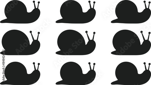 Nine Black Silhouette Snails Arranged in a Grid Pattern Keywords: snail, snails, silhouette, black, white background, pattern
