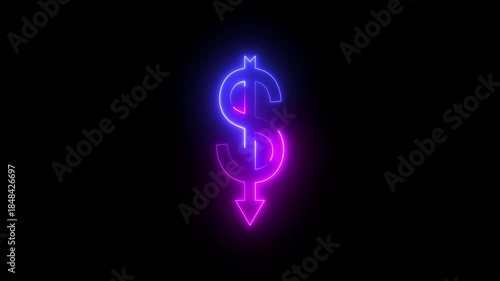 Neon Glowing Dollar Symbol with Downward Arrow Icon Animation on Black Background, Looping Financial Decline and Loss Symbol for Expense Increase, Revenue Drop, Market Downtrend, Business Finance UI