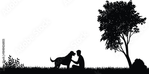 Silhouette of person bonding with dog under tree in grassy outdoor nature scene with bush and peaceful atmosphere