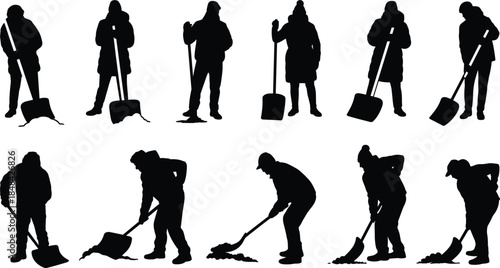Silhouette Collection Of People Shoveling Snow On White Background Keywords: silhouette, snow, shoveling, winter, cleaning