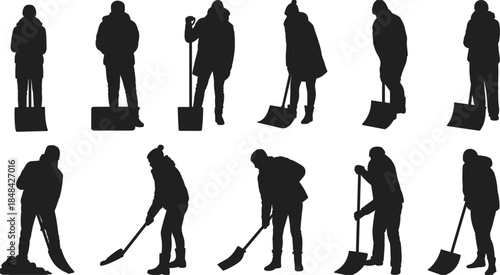 Silhouette set of people shoveling snow in various poses winter cleaning