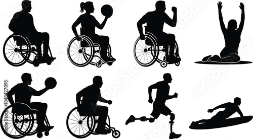 Silhouettes of athletes with disabilities participating in sports on a white background disability wheelchair