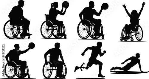 Silhouettes of people with disabilities engaged in various sports on a white background disability wheelchair