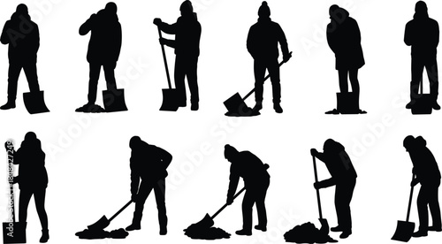 Silhouettes of People Shoveling Snow in Various Poses on White Background Keywords: snow, shoveling, snow removal, winter, work