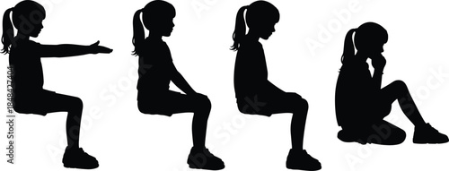 Silhouettes of child sitting in different emotional postures showing mood transitions from alertness to introspection and sadness