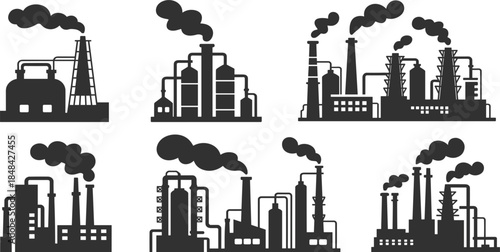 Six Silhouette Industrial Factory Buildings Emitting Smoke From Chimneys vector illustration