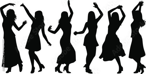 Silhouettes of Women Dancing and Celebrating in Various Poses Keywords: silhouette, women, dancing, celebration, party, joy