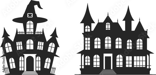 Spooky Halloween Haunted House Silhouettes with Witch Hat Keywords: halloween, haunted house, silhouette, spooky, scary, witch