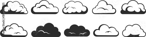 Ten Cloud Icons In Black And White With Birds Flying weather silhouette
