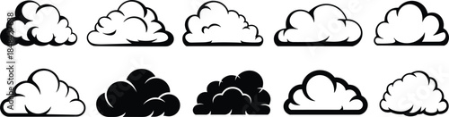 Stylized Black and White Cloud Icons on White Background clouds weather