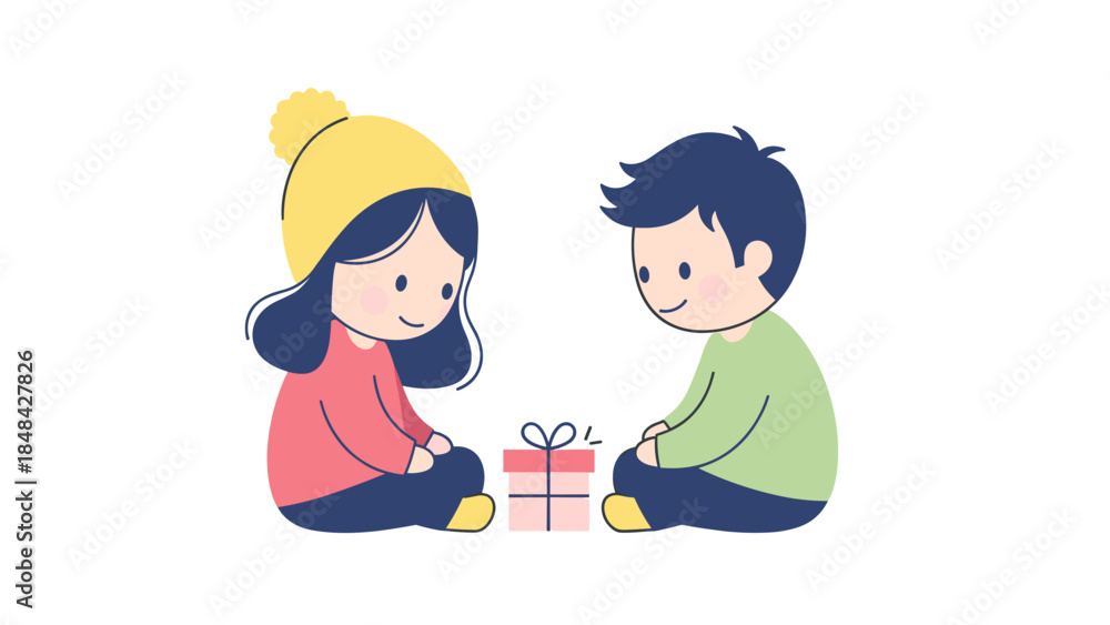 Fototapeta premium Children Sharing Gift, Boy and Girl with Presents