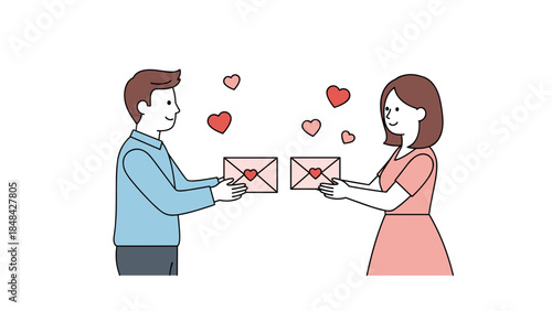 Loving Couple Exchanging Romantic Letters and Hearts