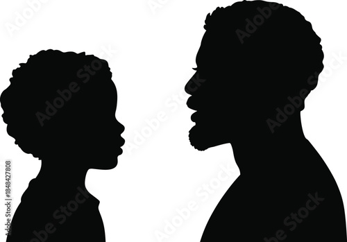 Silhouettes of child and adult facing each other showing generational connection, mentorship, and emotional interaction in profile view