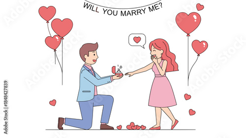 Romantic Marriage Proposal with Heart Balloons and Rose Petals